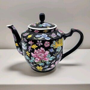 Vintage Chinese Famille Noir Porcelain Teapot Black With Flowers Boho Asian